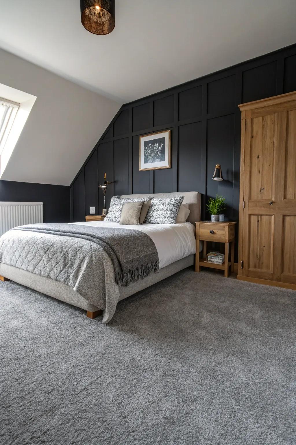 Dark walls serve as a dramatic backdrop to the grey carpet, adding depth to the room.
