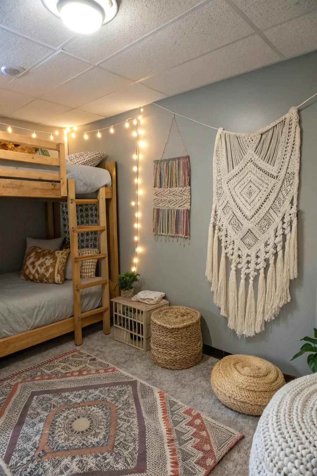 Boho textures enrich warmth within minimalist grey themes.