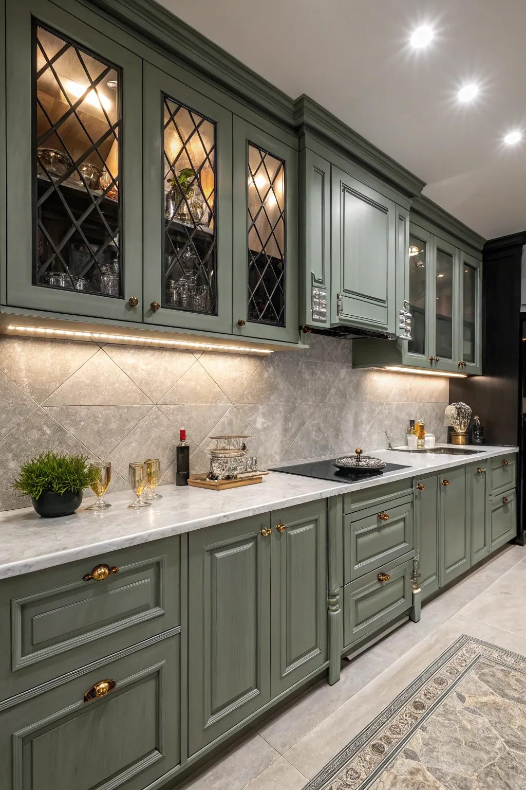 Dark accents establish a brooding mood alongside grey-green cabinets.
