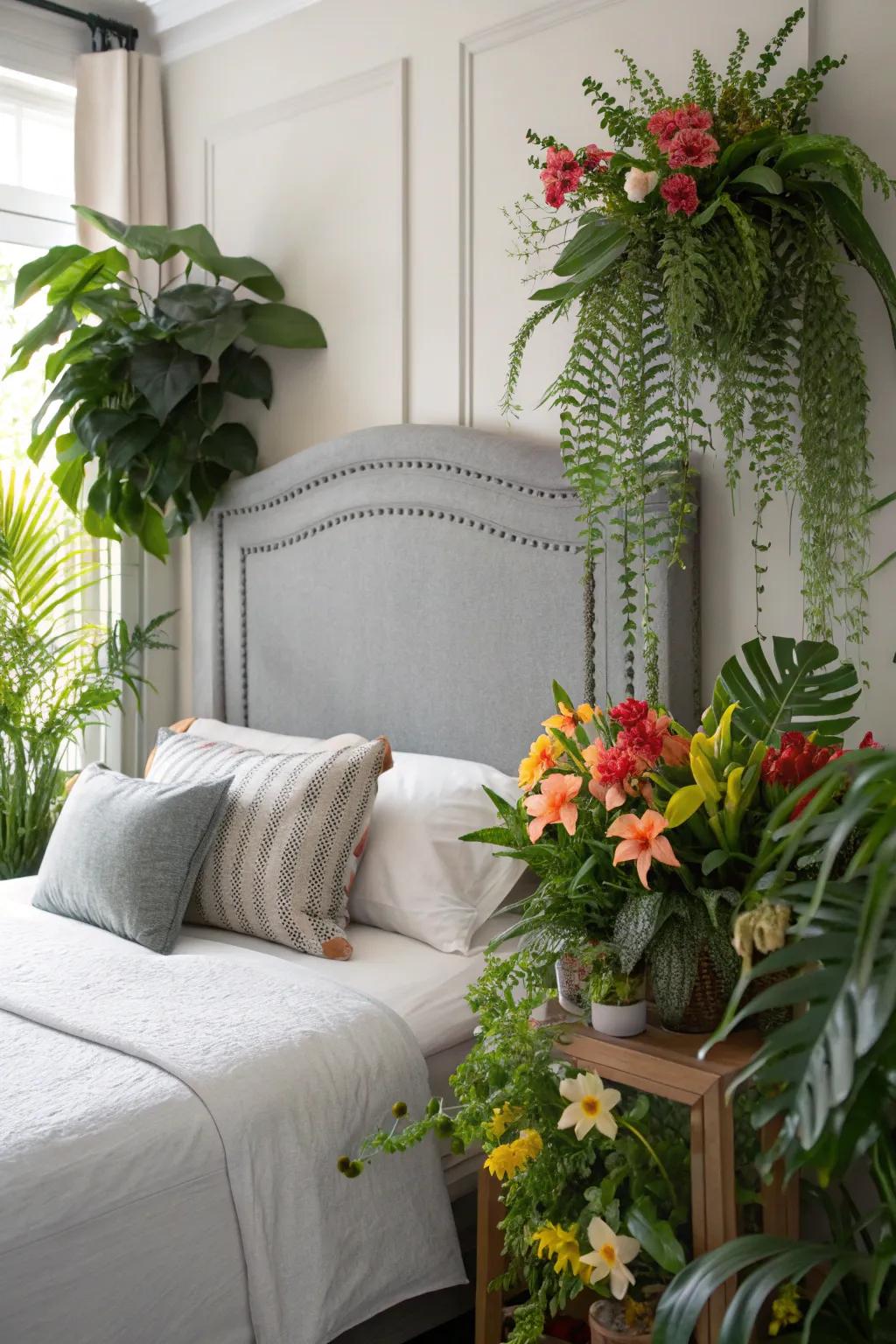 Nature's touch within a bedroom featuring a slate-toned headboard, highlighted by greenery.