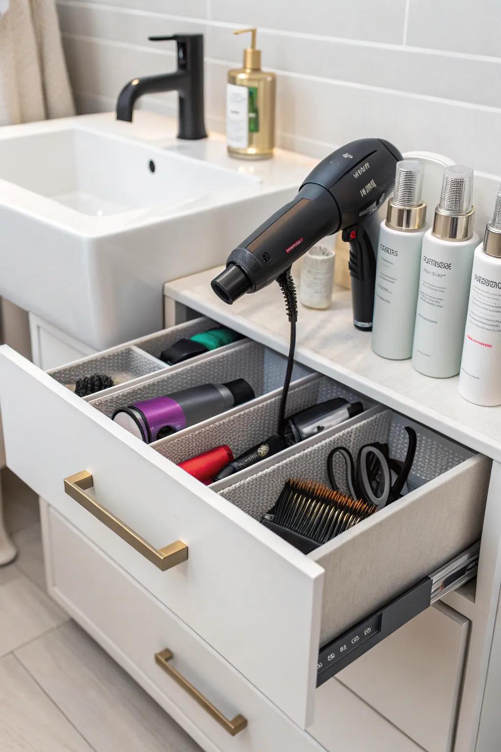 Designated areas keep hair tools arranged and prevent tangles.