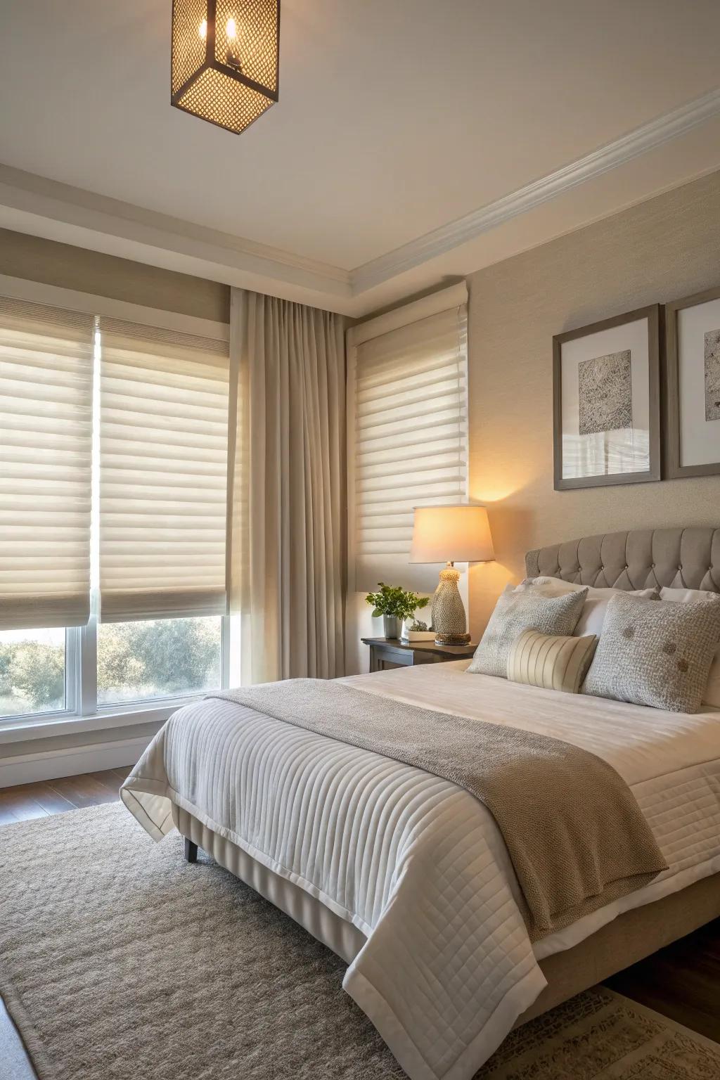 Serene bedroom featuring neutral pleated window fashions.