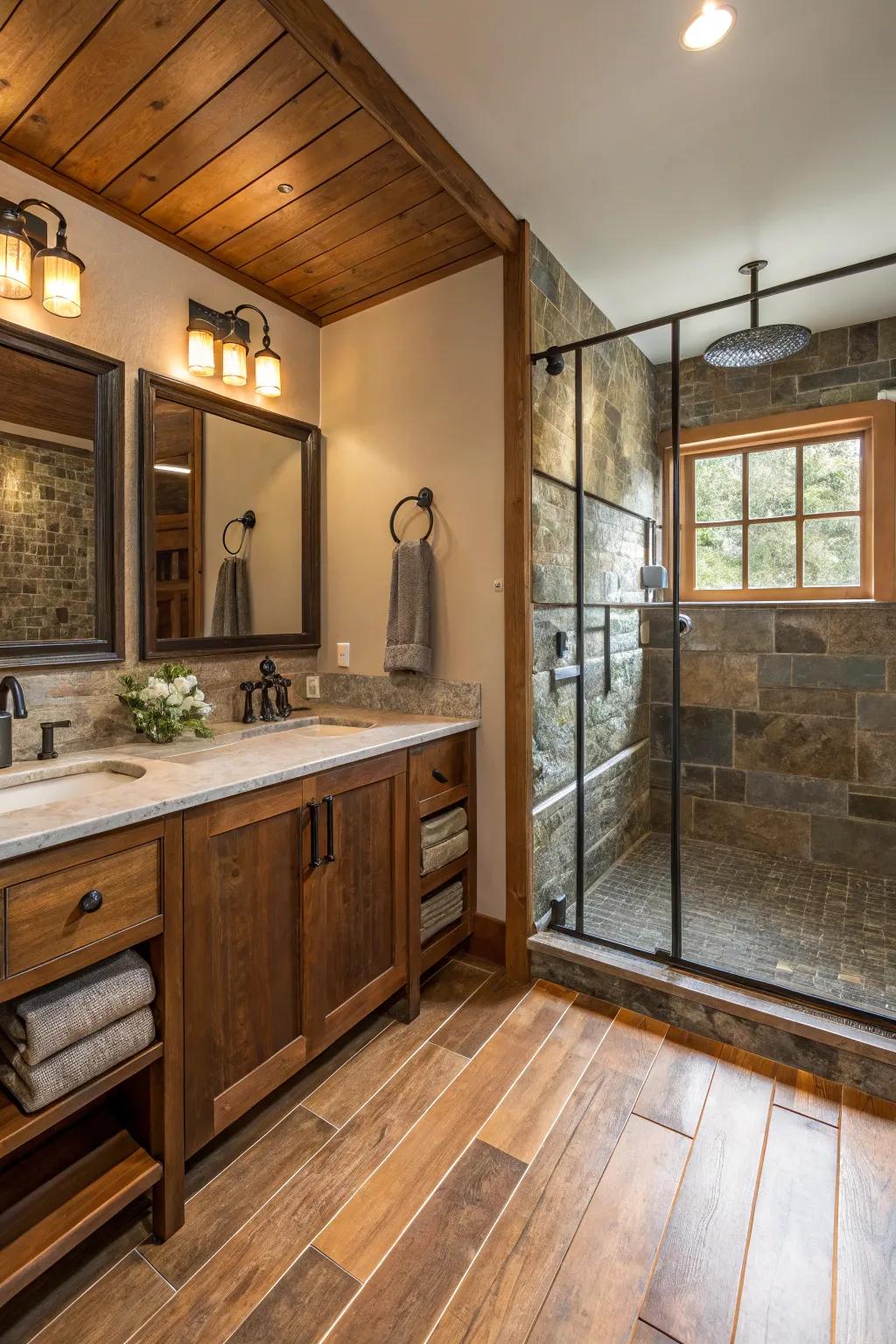 Blending different materials results in a refined and balanced aesthetic in a guest bathroom.