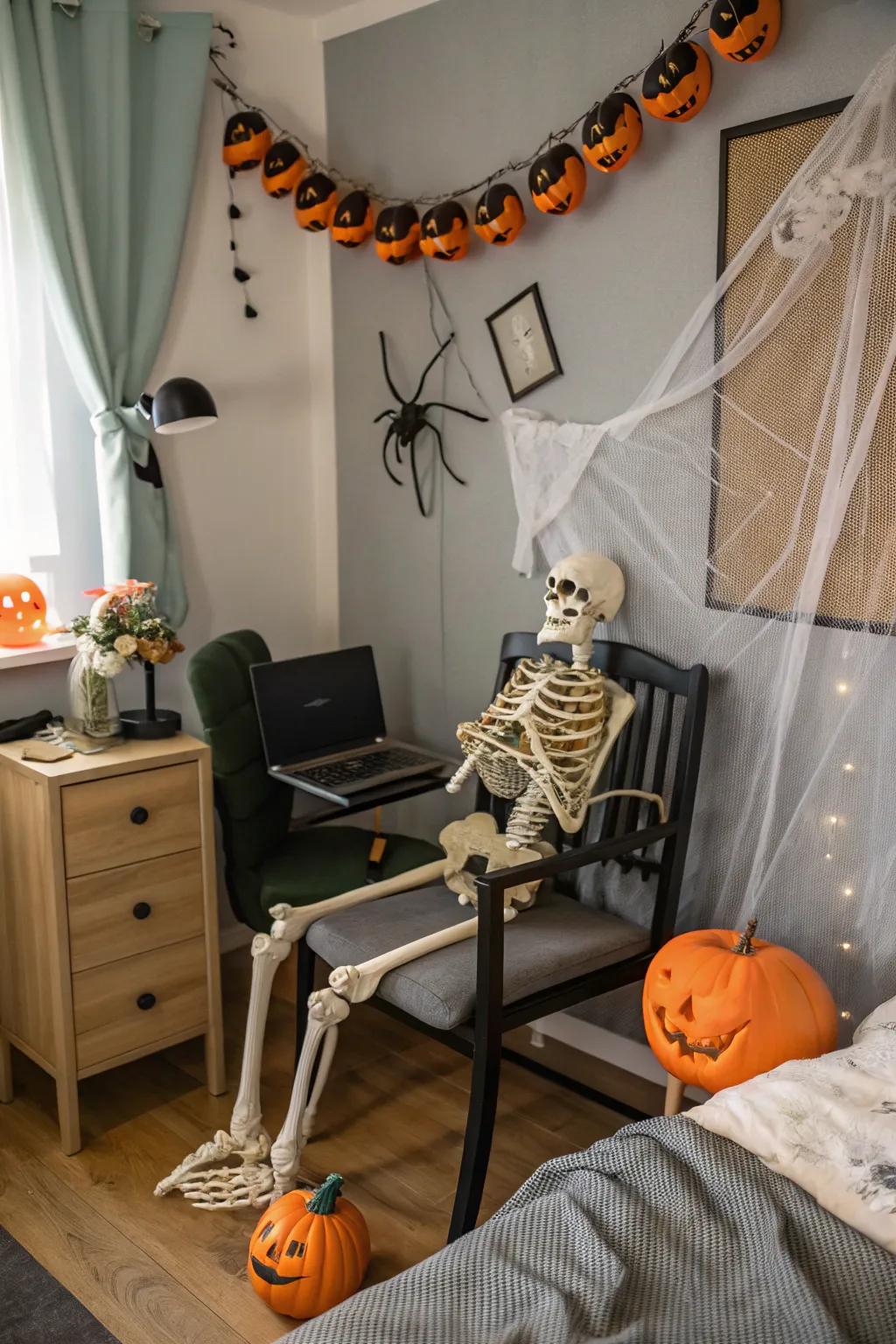 A skeleton in your bedroom adds a playful, spooky surprise.