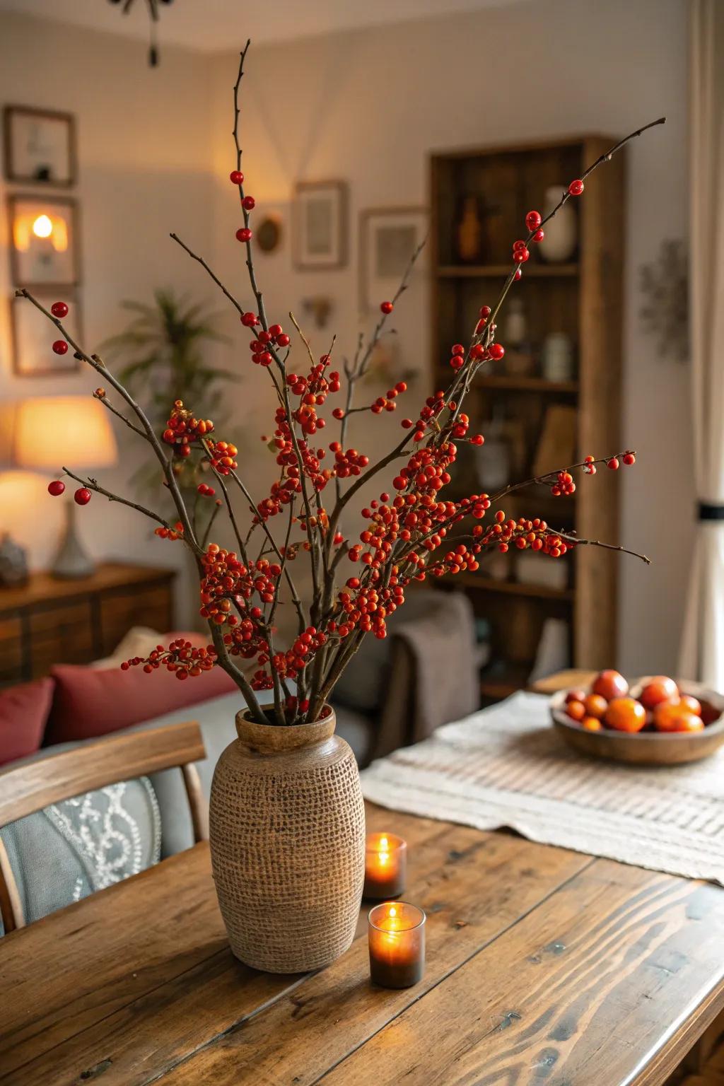Acrid berries infuse natural charm into a Halloween floral arrangement.