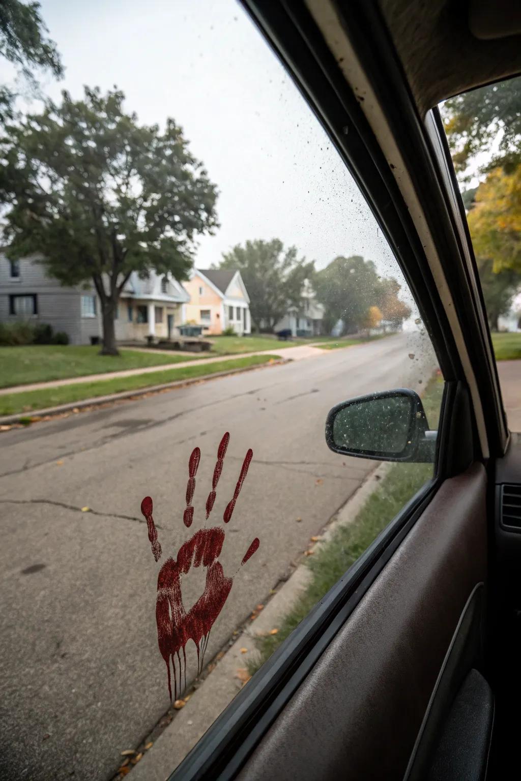 Bloody handprints incorporate a spooky accent to your Halloween car ornamentation.