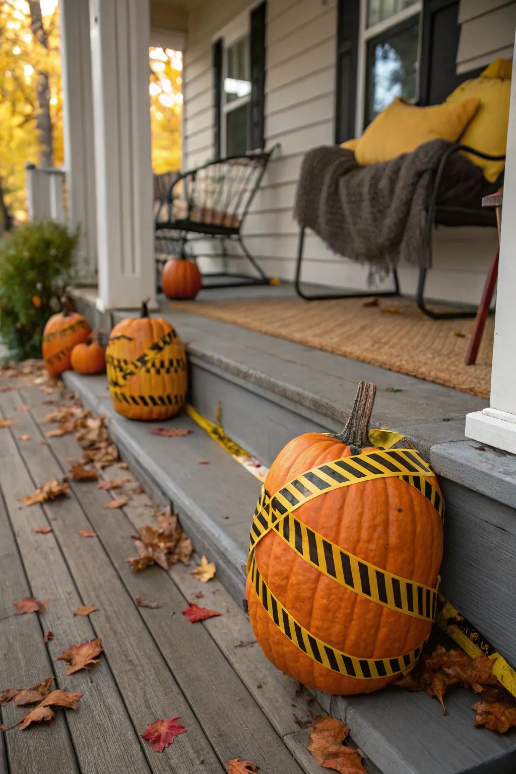 Pumpkins enclosed in warning ribbon for a spooky visual.