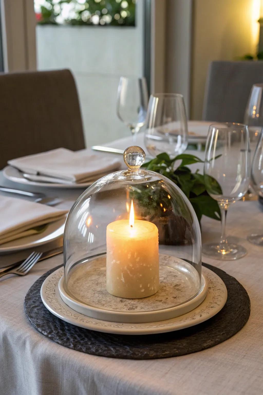 A display dome with a light offers a snug Halloween ambiance.