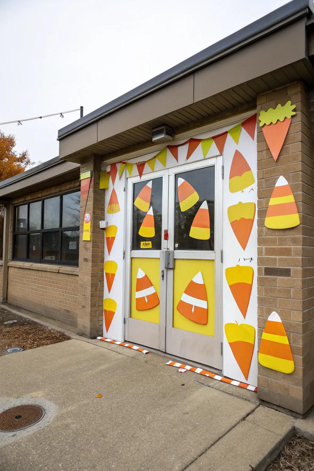 A maize candy-themed doorway, disseminating sugary Halloween sensations.
