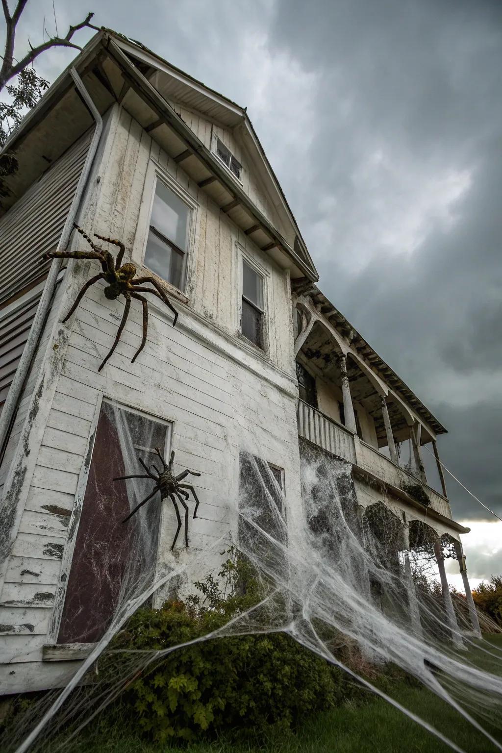 Giant spiders crafting a creepy crawling spectacle on the abode.