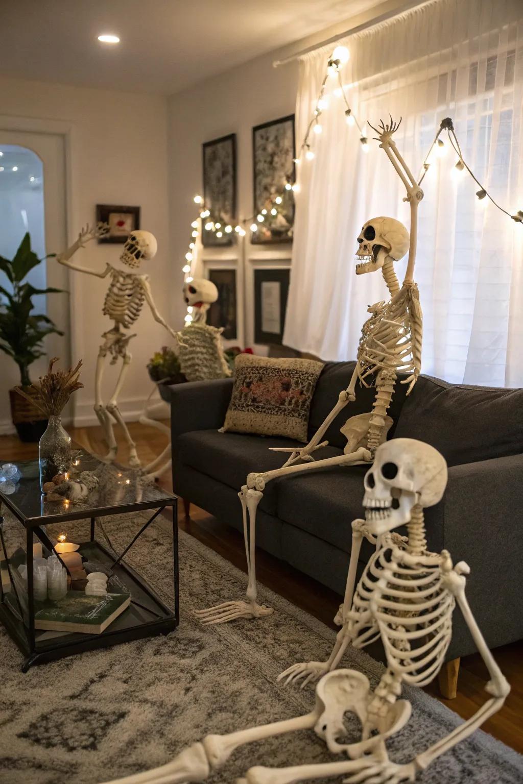 Humorous skeletal figures infuse a spirited nuance into the Halloween ornamentation