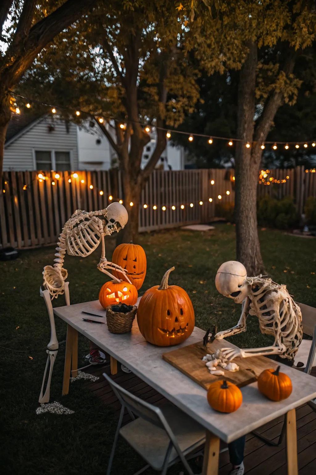 Pumpkin carving skeletons append a traditional Halloween activity to your decorations.