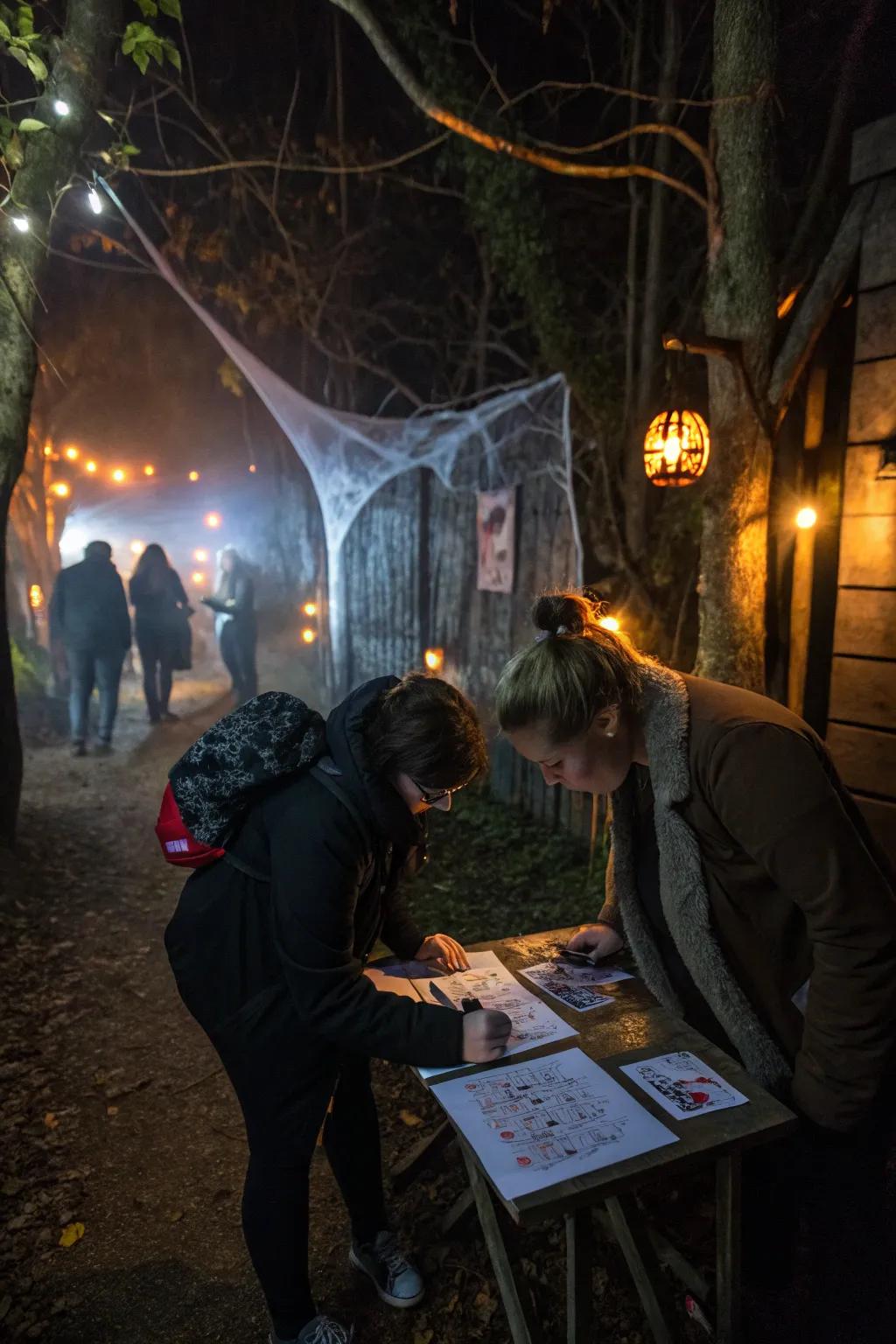 Participatory stations challenge visitors with spooky puzzles.