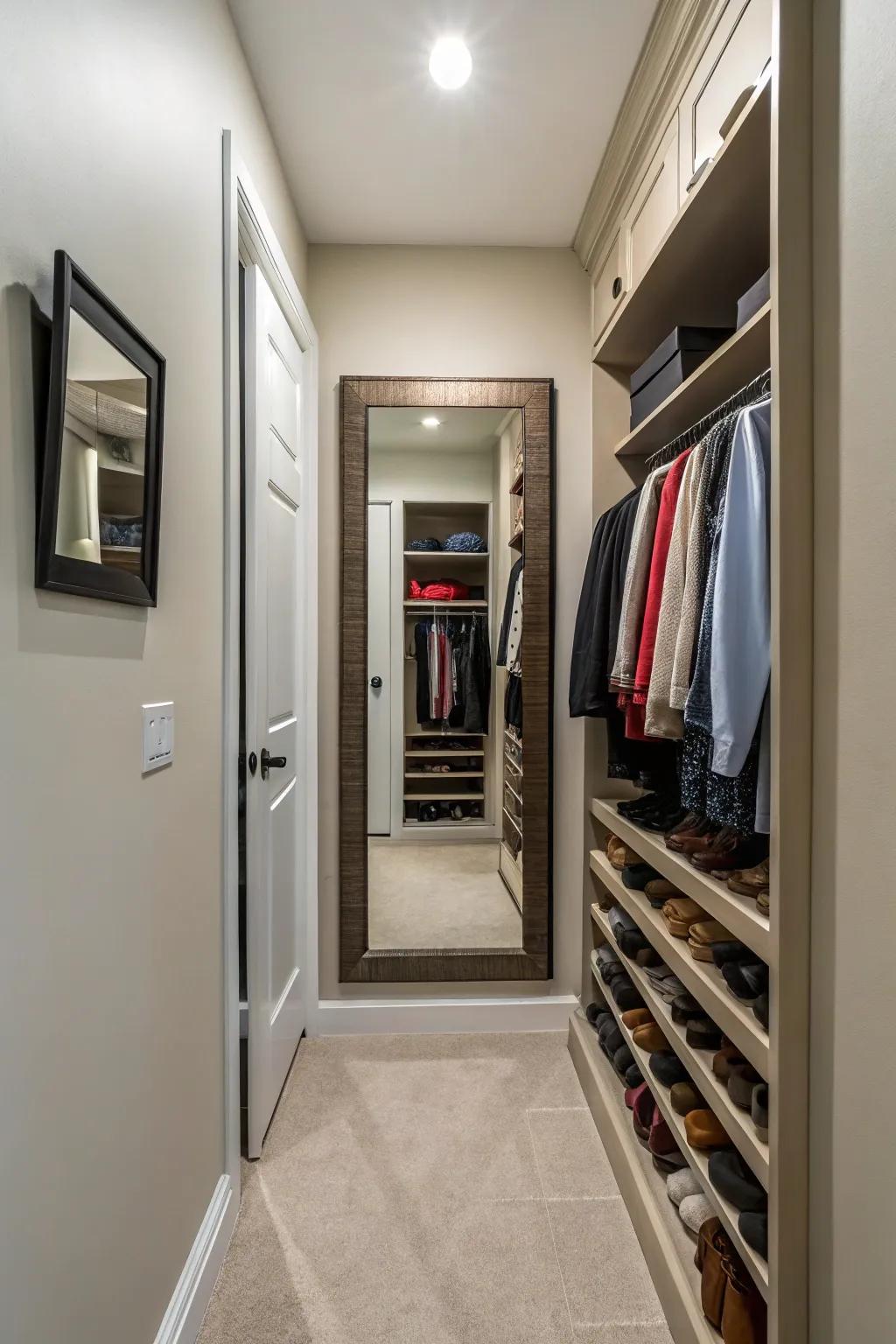 Mirror mounted on the inside of a hallway closet door for added convenience.