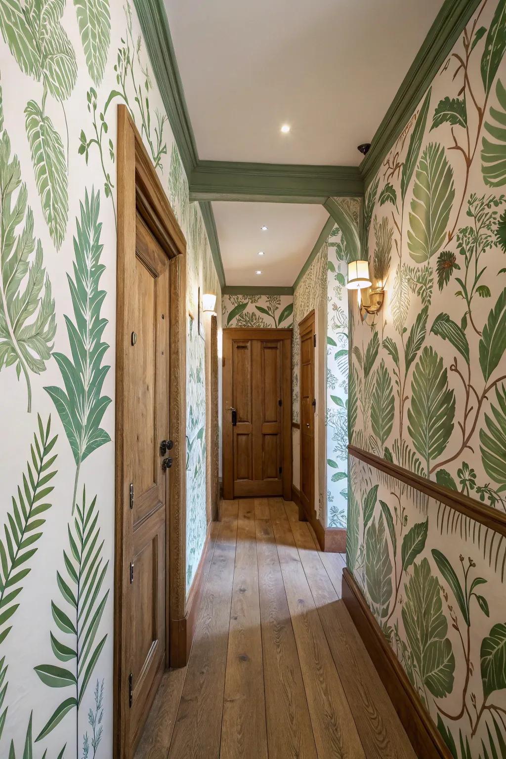 A hallway that venerates nature through foliage motif surface decor.