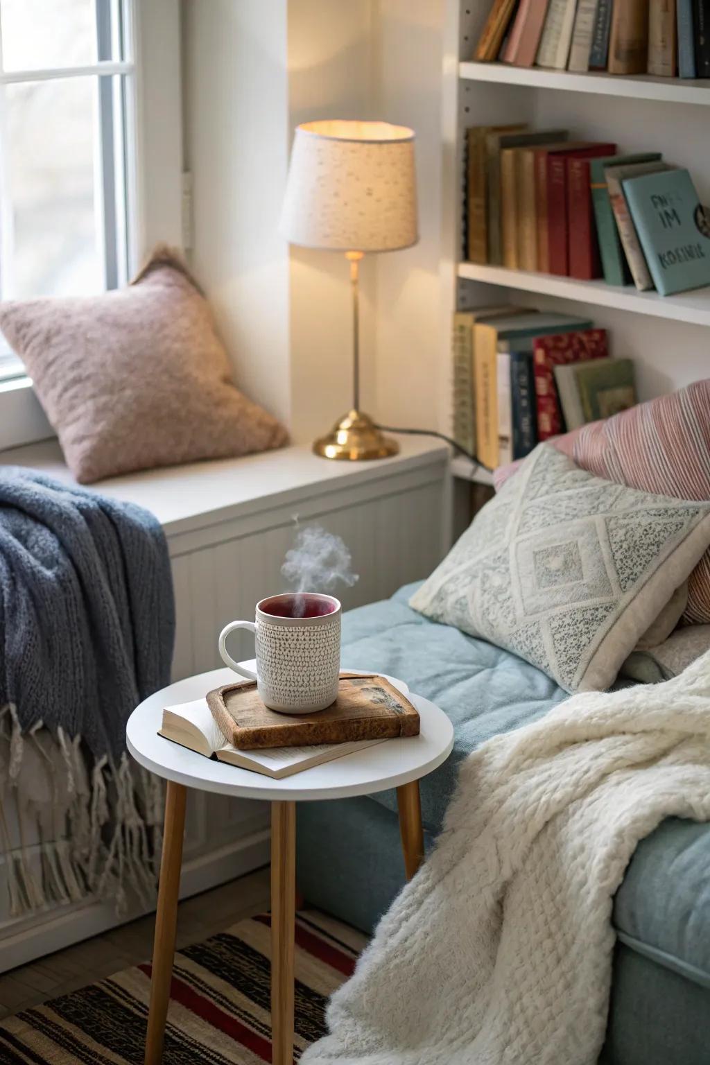 A comfortable corner suitable for unwinding with warm drinks.