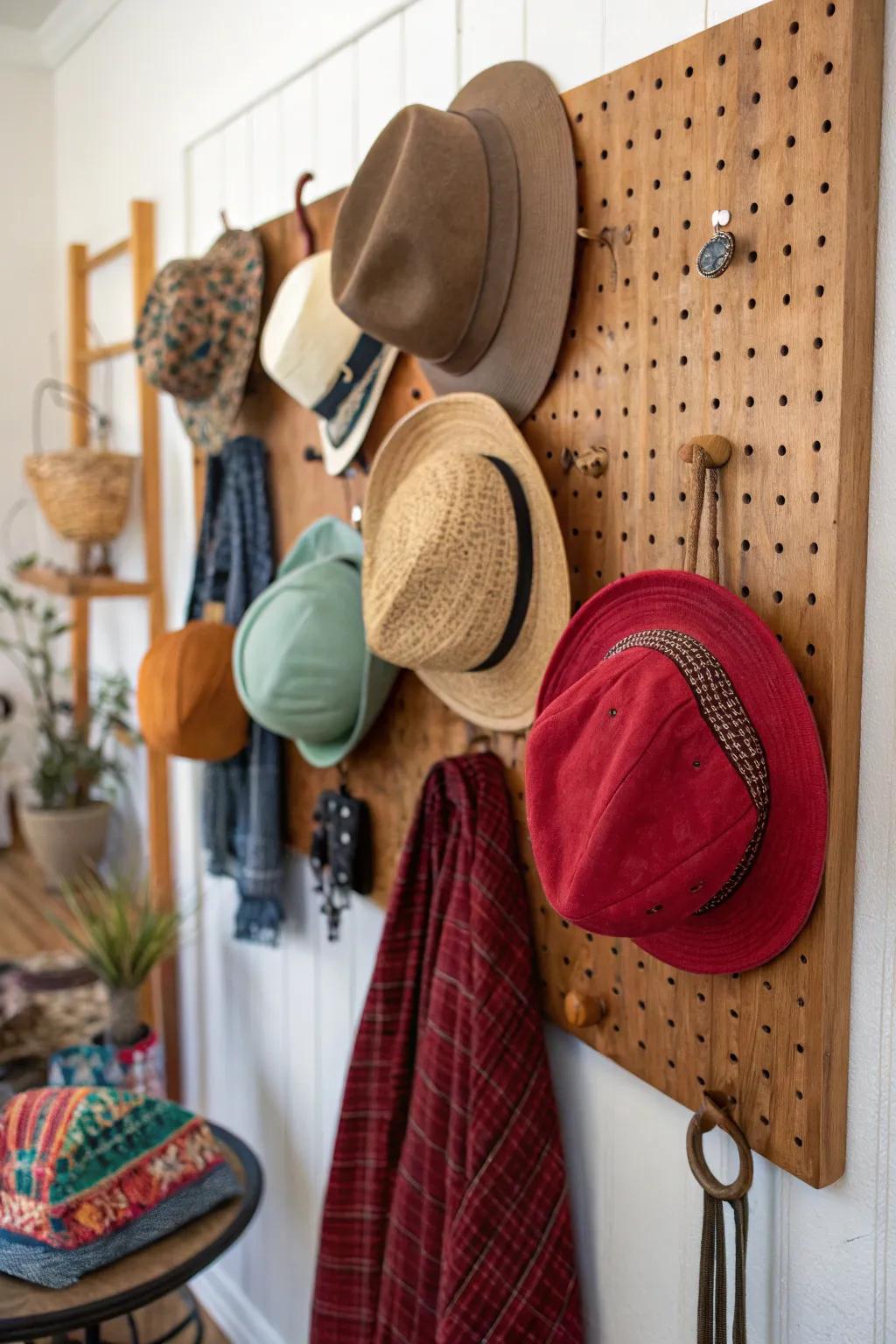 Pegboards provide a versatile and expandable hat storage solution.