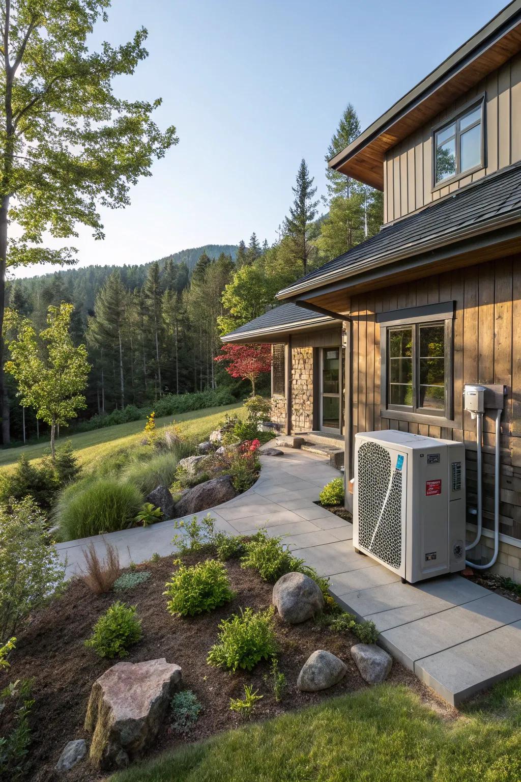 A home exterior showing a geothermal setup that blends into the landscape.