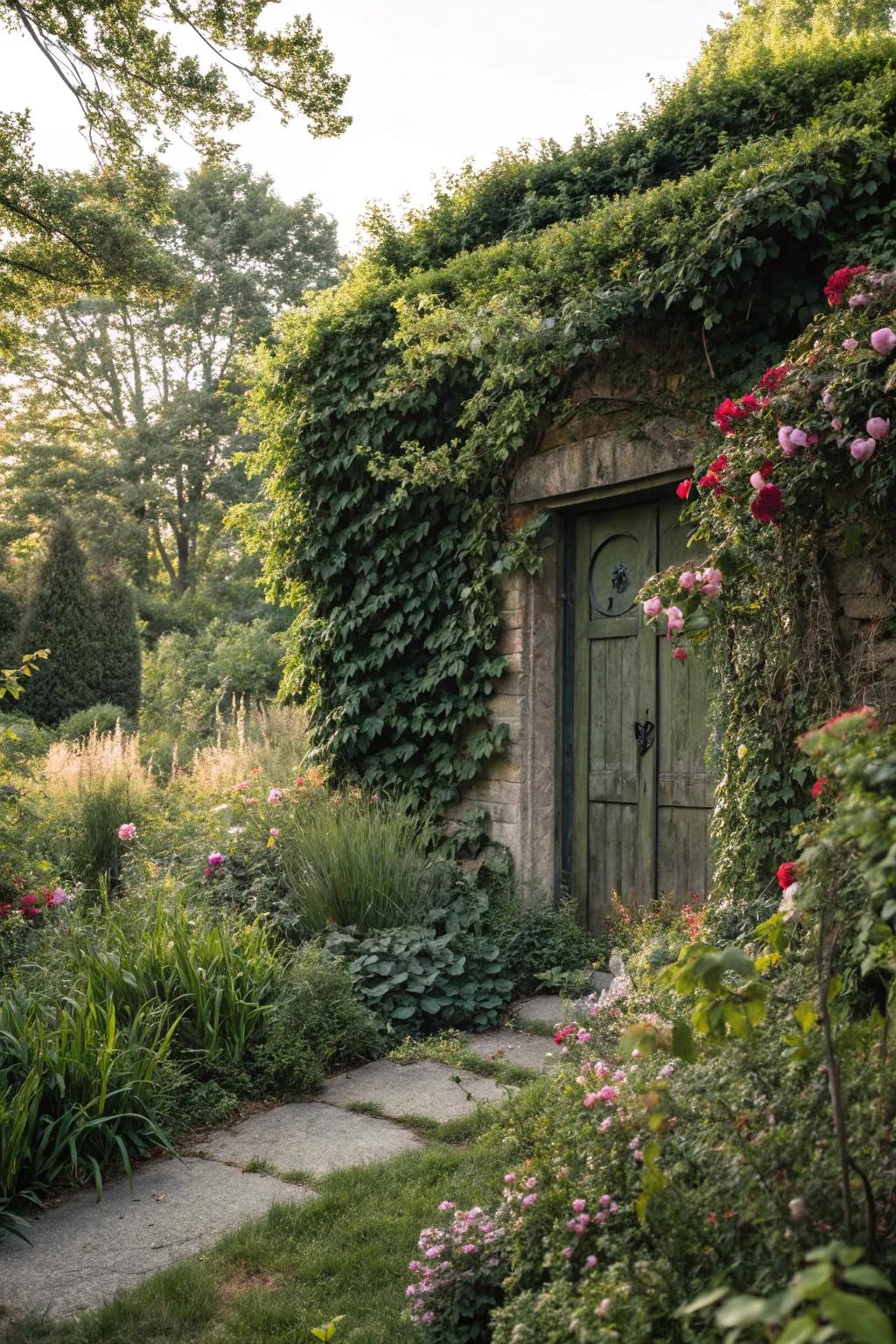 Nature conceals an entry with verdant foliage.
