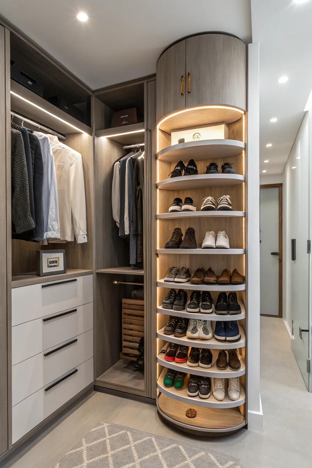 Revolving shoe racks offer simple accessibility and efficient storage.