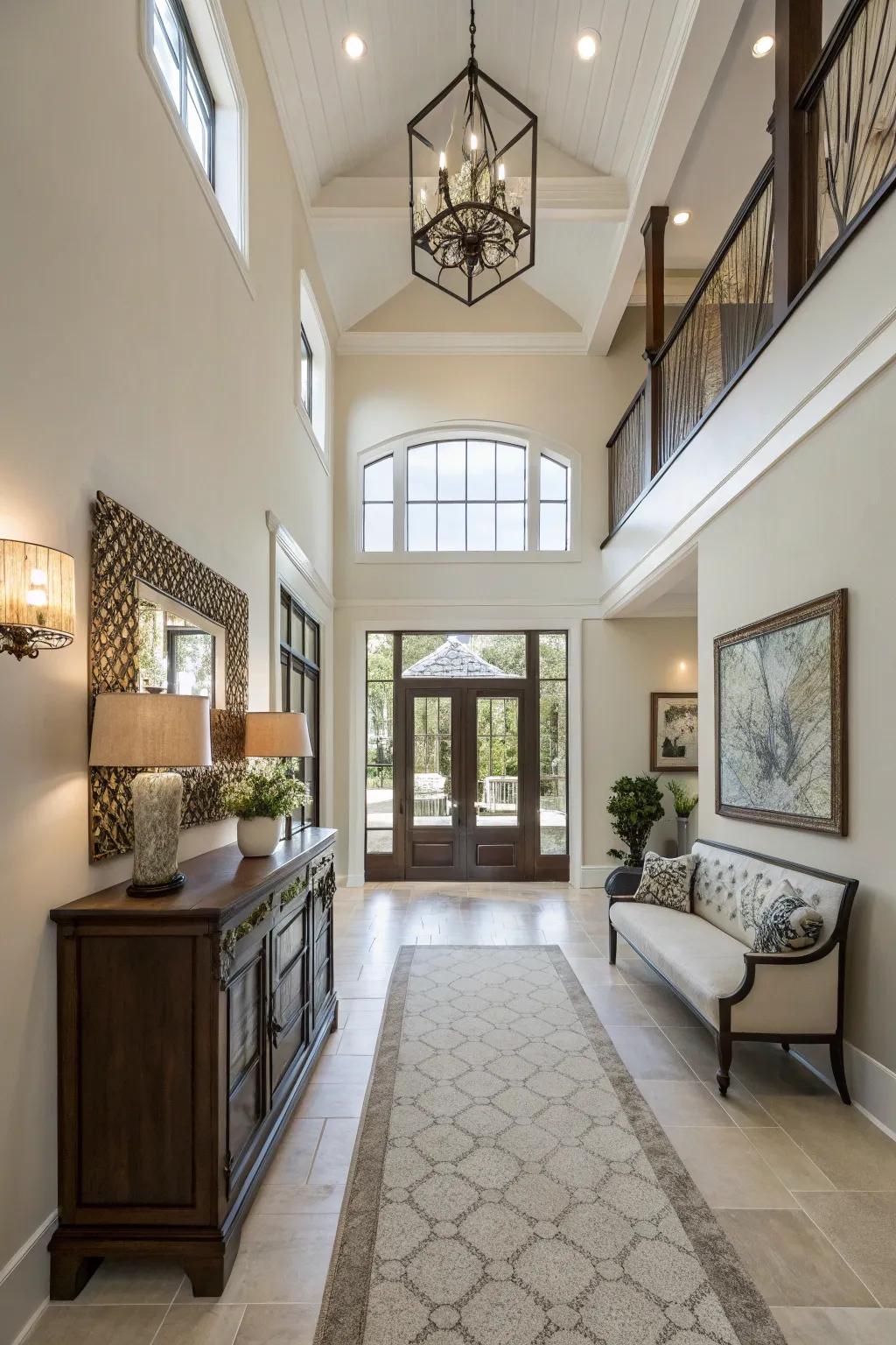 Practical furnishings infuse style without cluttering the entryway.