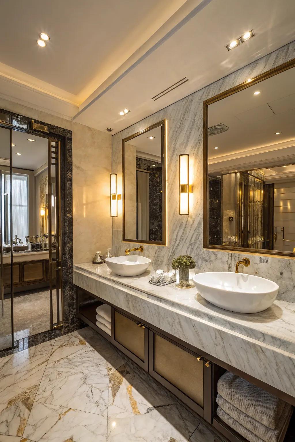 A luxurious bathroom layout featuring stunning marble features.