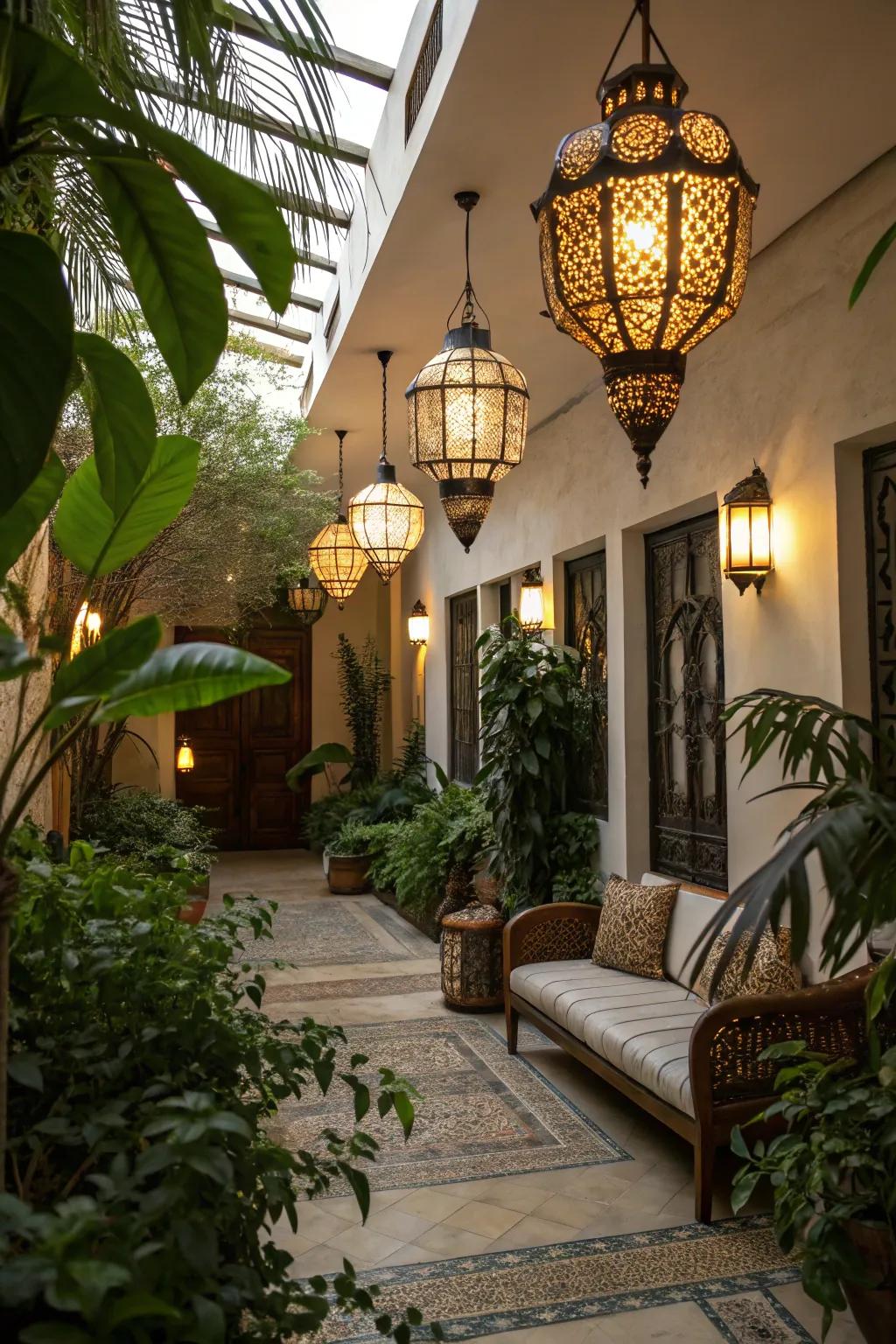 Pendant lighting contributing warmth and style to an atrium.
