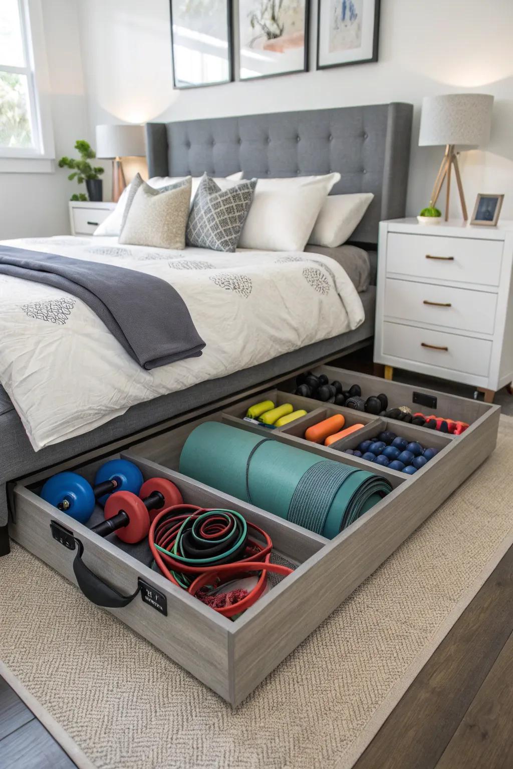 Under-bed storage boxes offer a clever way to conceal gym items.