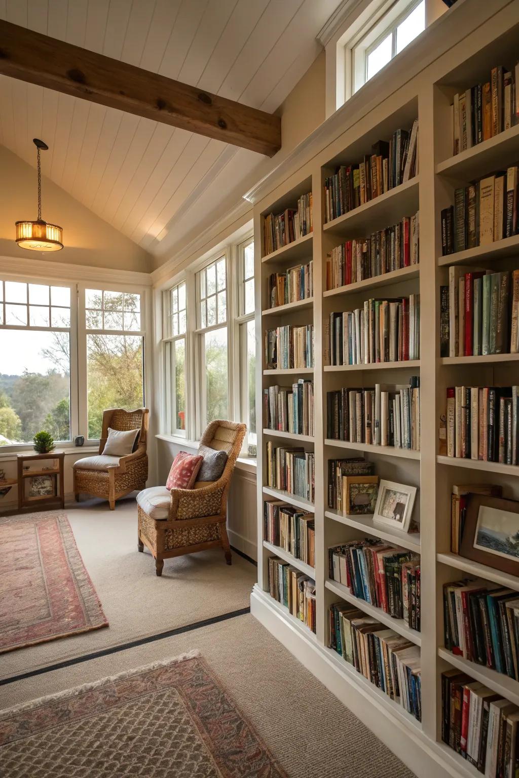 Exposed shelving creates an open and accessible library.