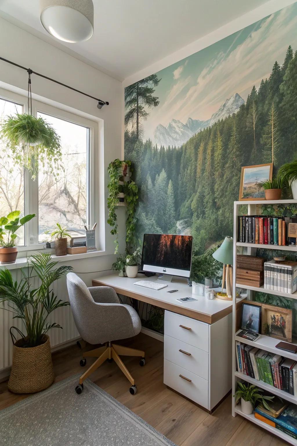 A nature-inspired mural adds tranquility and focus to this home office.