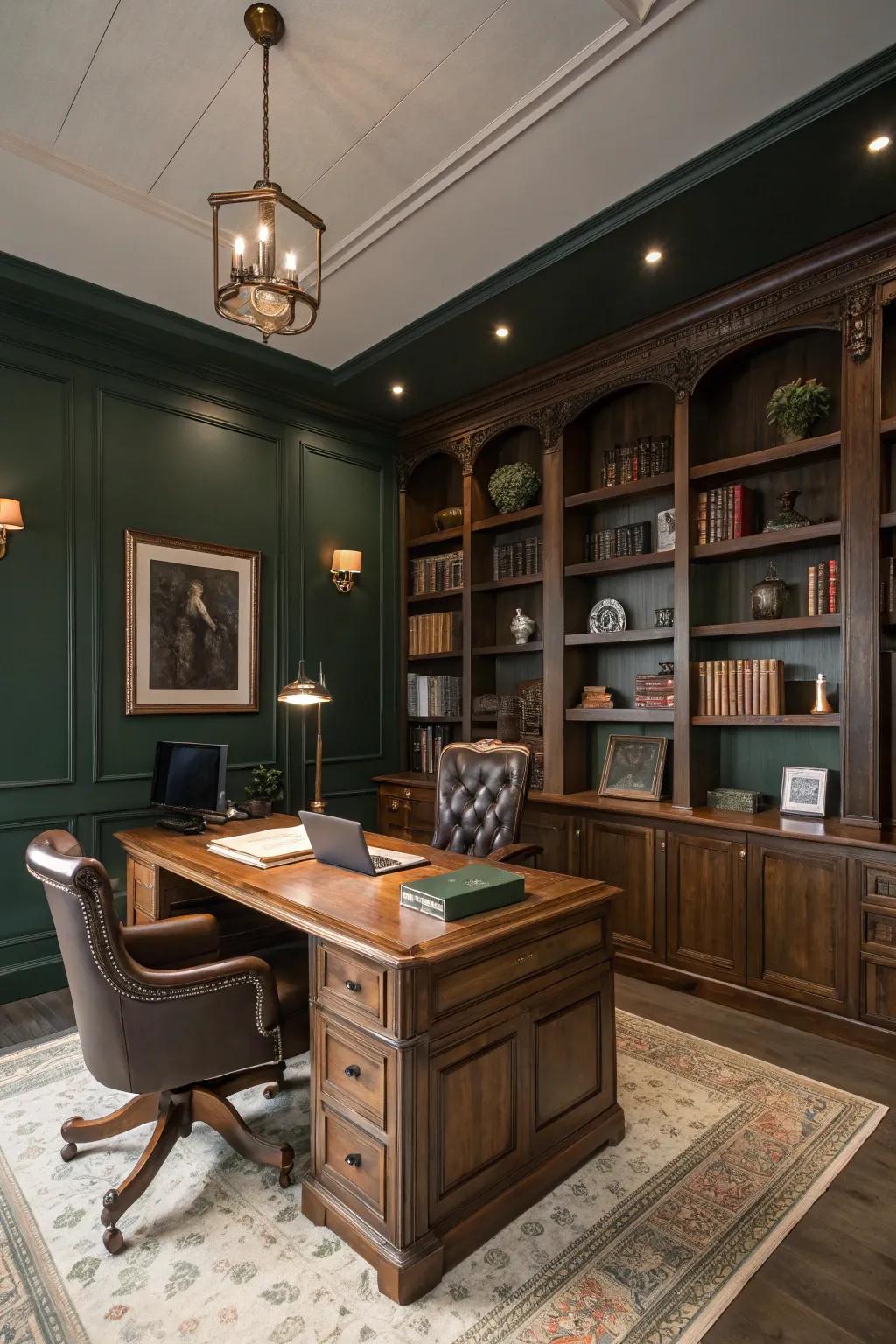 Dark green walls offer a striking and calming environment in this home office.