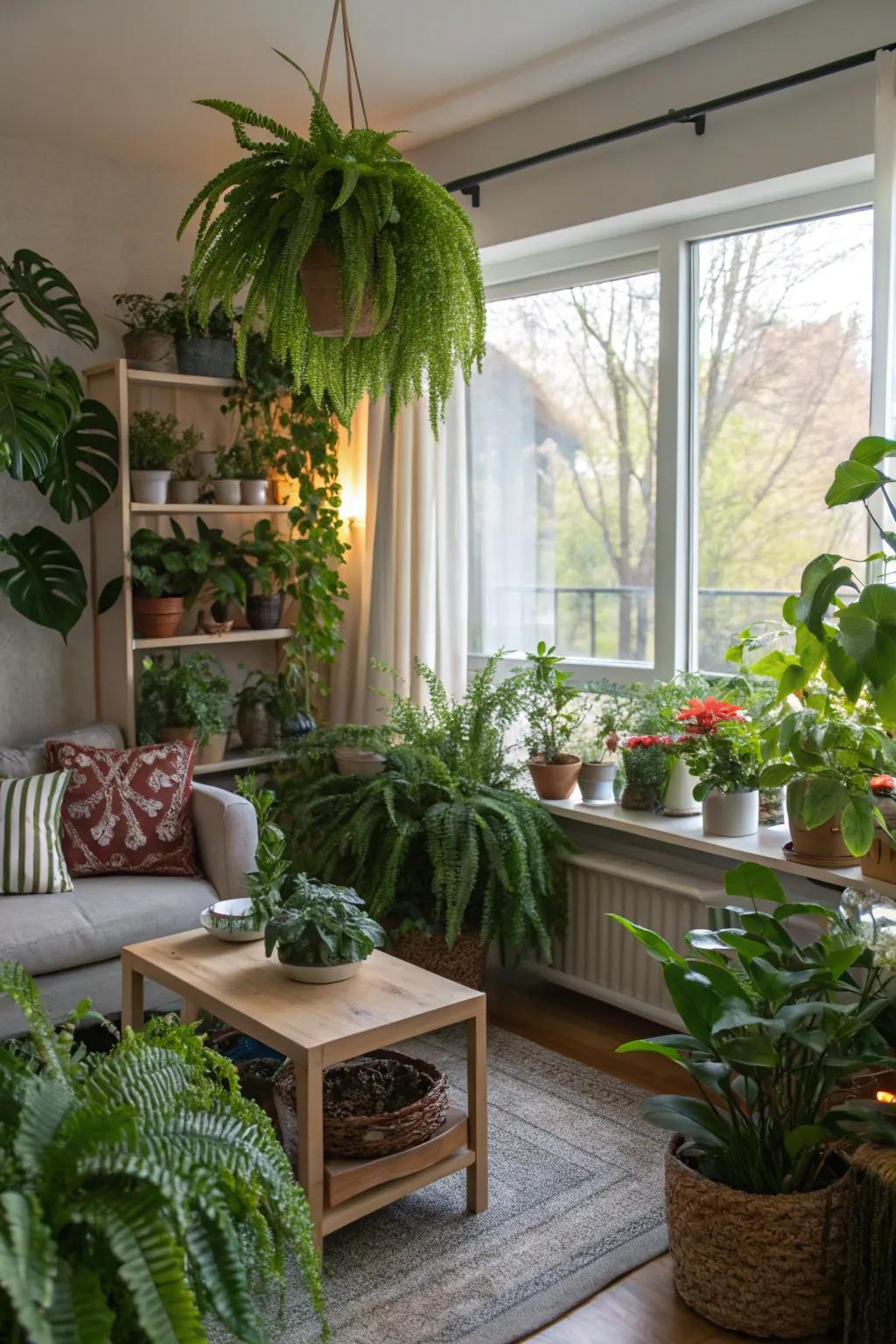 Indoor plants improving the freshness and calm of a space.