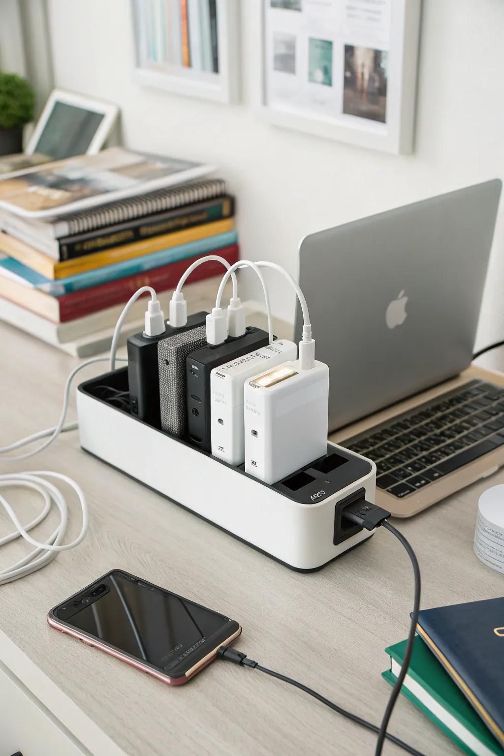 A charging hub keeps gadgets ready.