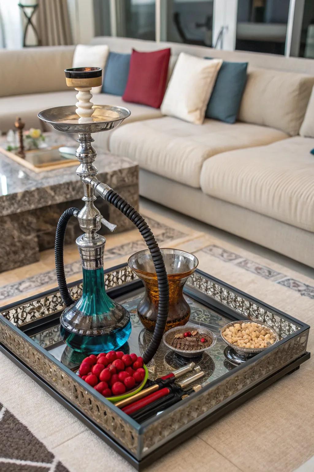 A decorative tray offers stylish storage for small shisha items.