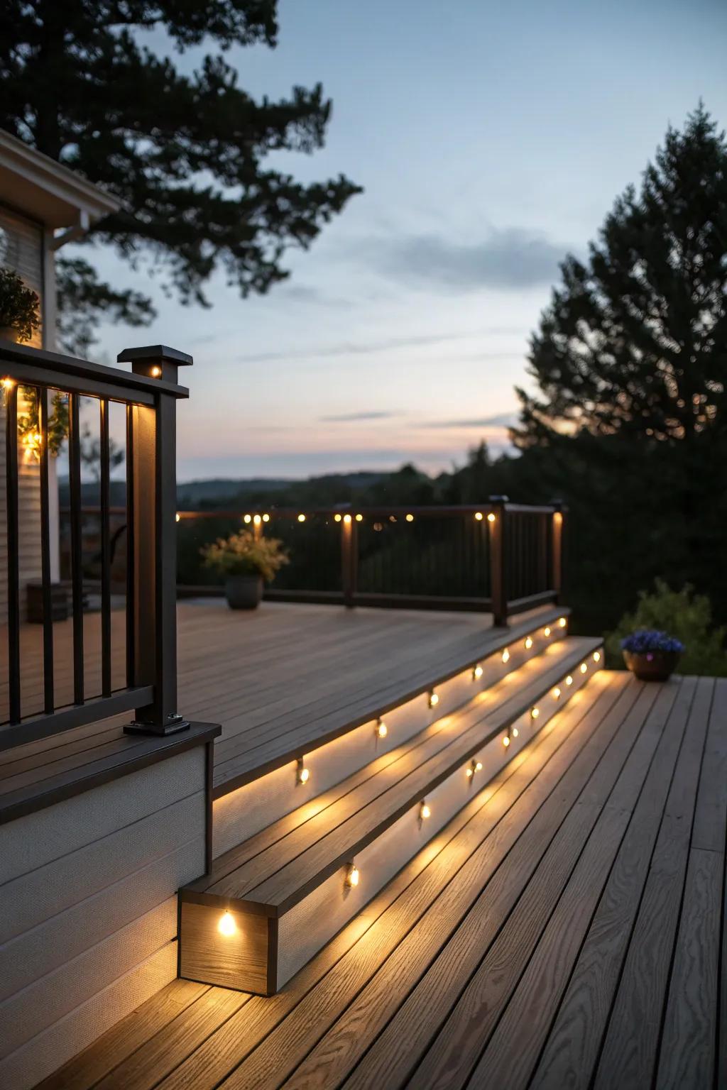 Built-in lighting introduces warmth and ambiance to the deck area.