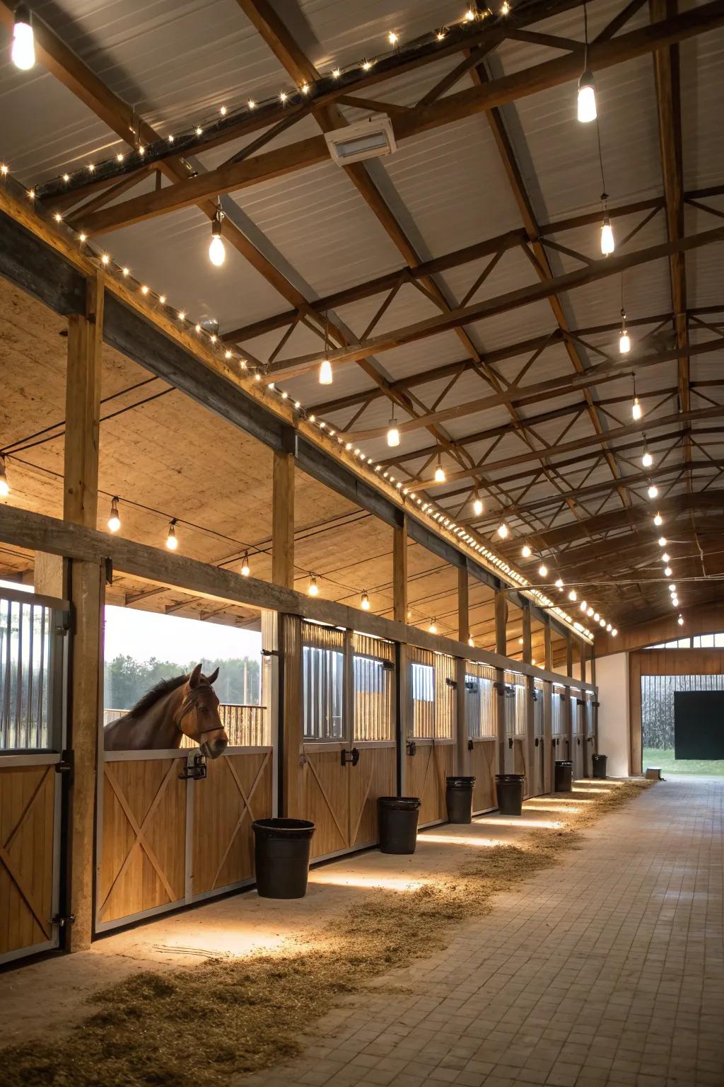 Visible beams with integrated lighting enhance rural charm in the stable.