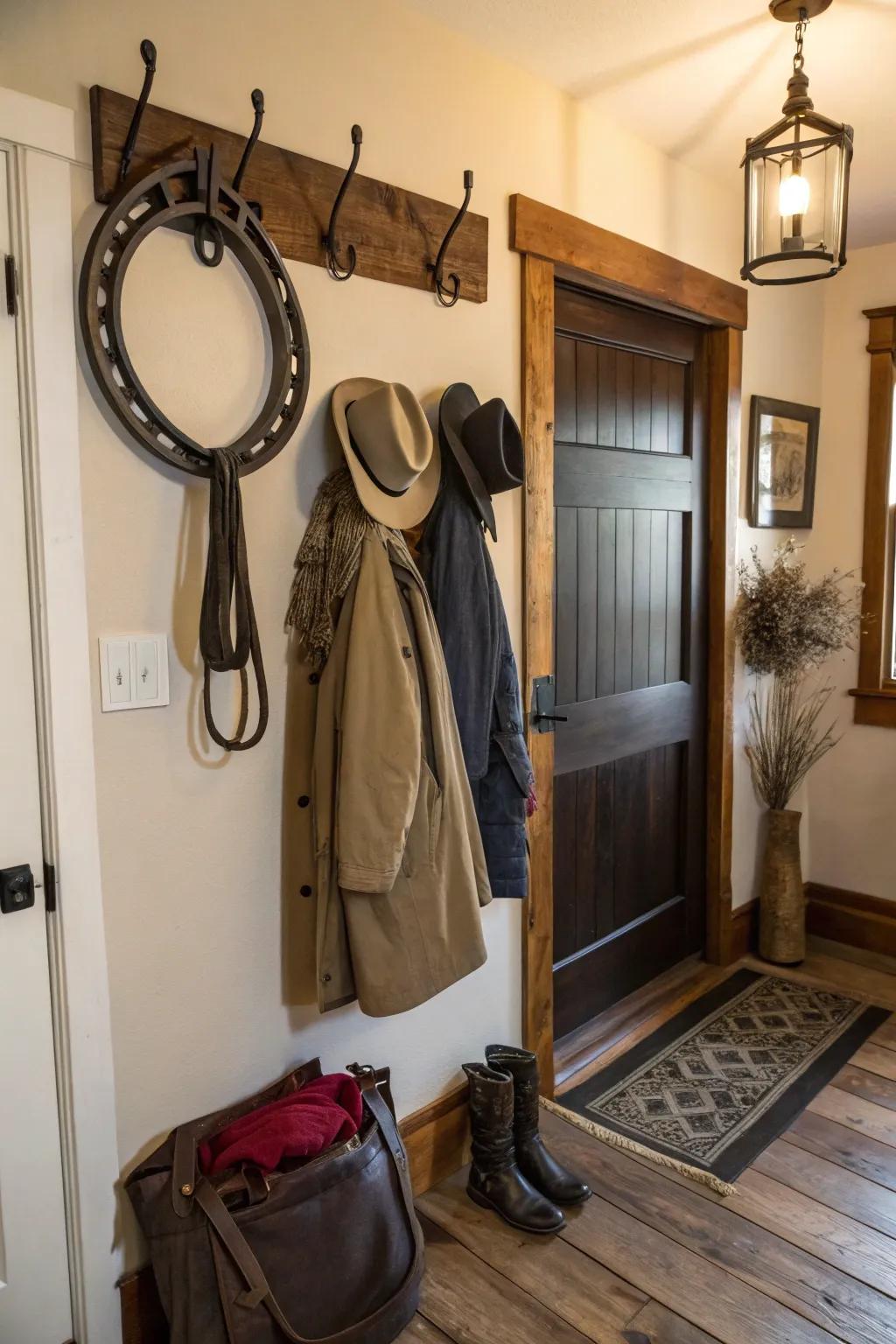A horse collar remodeled into a useful and trendy coat rack.