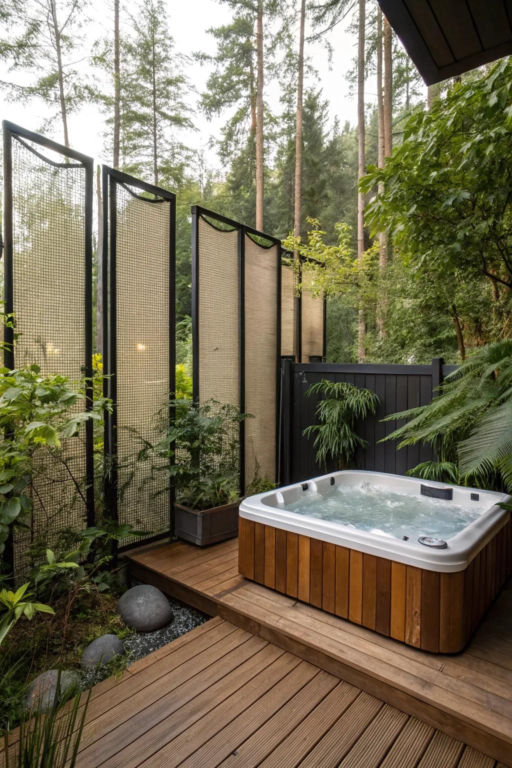 Develop a personal retreat by using privacy elements around your hot tub.