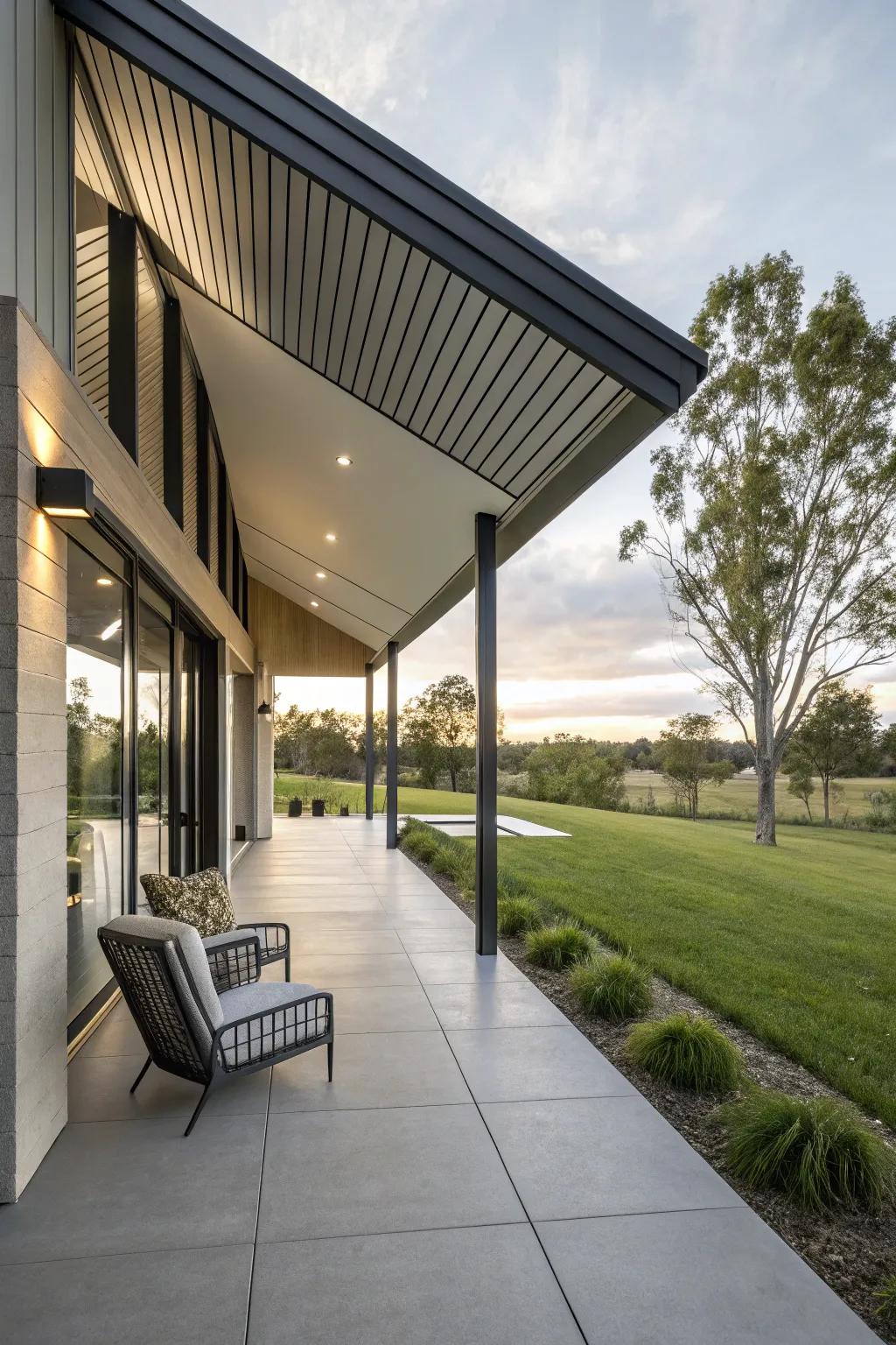 This unique roof design adds character to this modern porch.