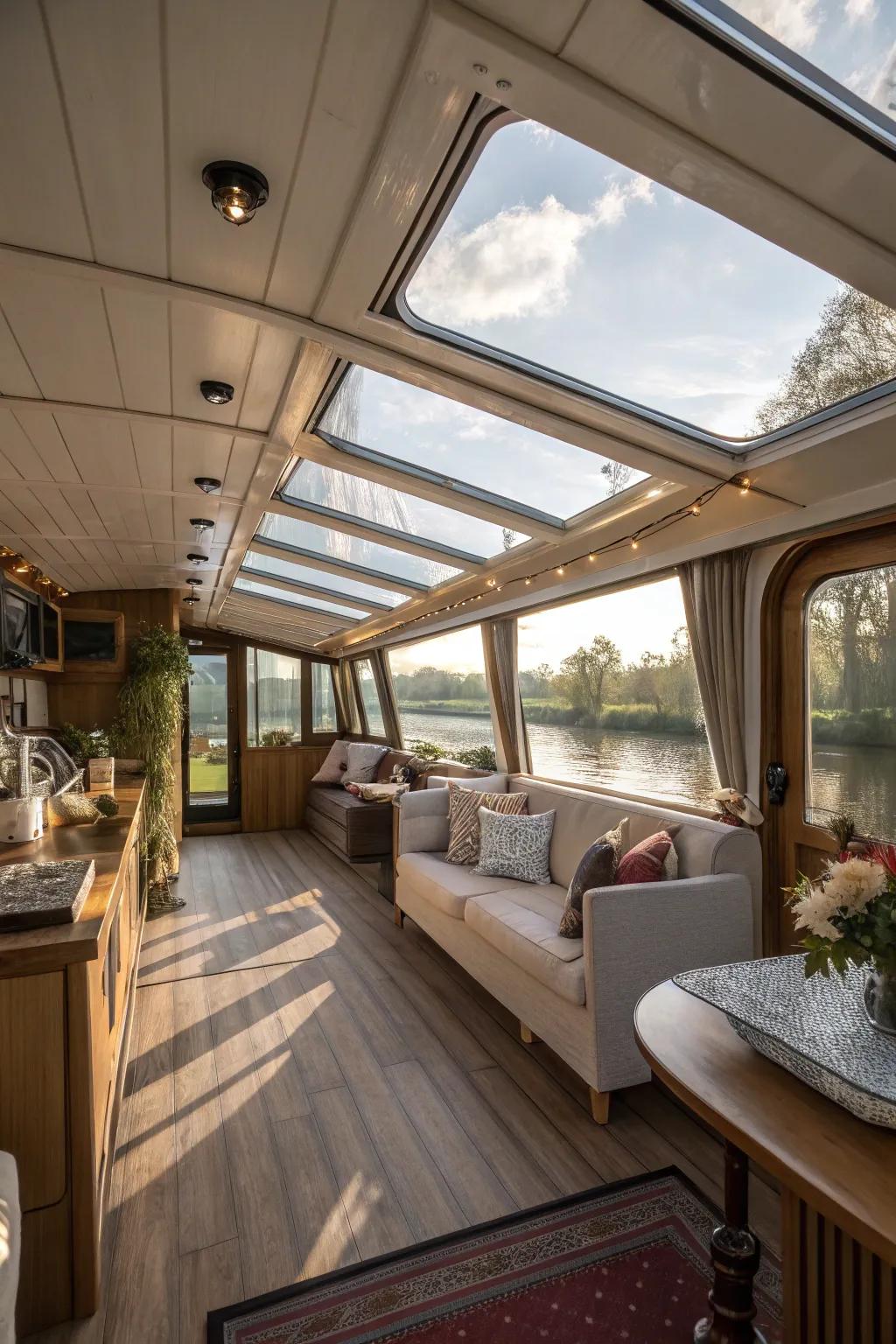 Roof windows brighten and expand the houseboat's interior.