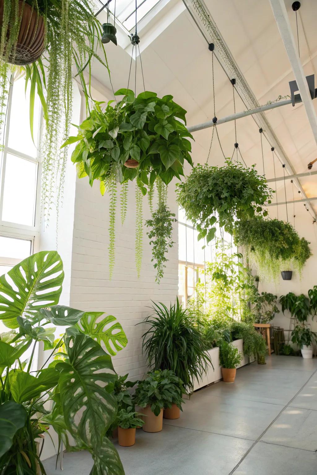 Hanging plants giving a lush, airy feel to the area.