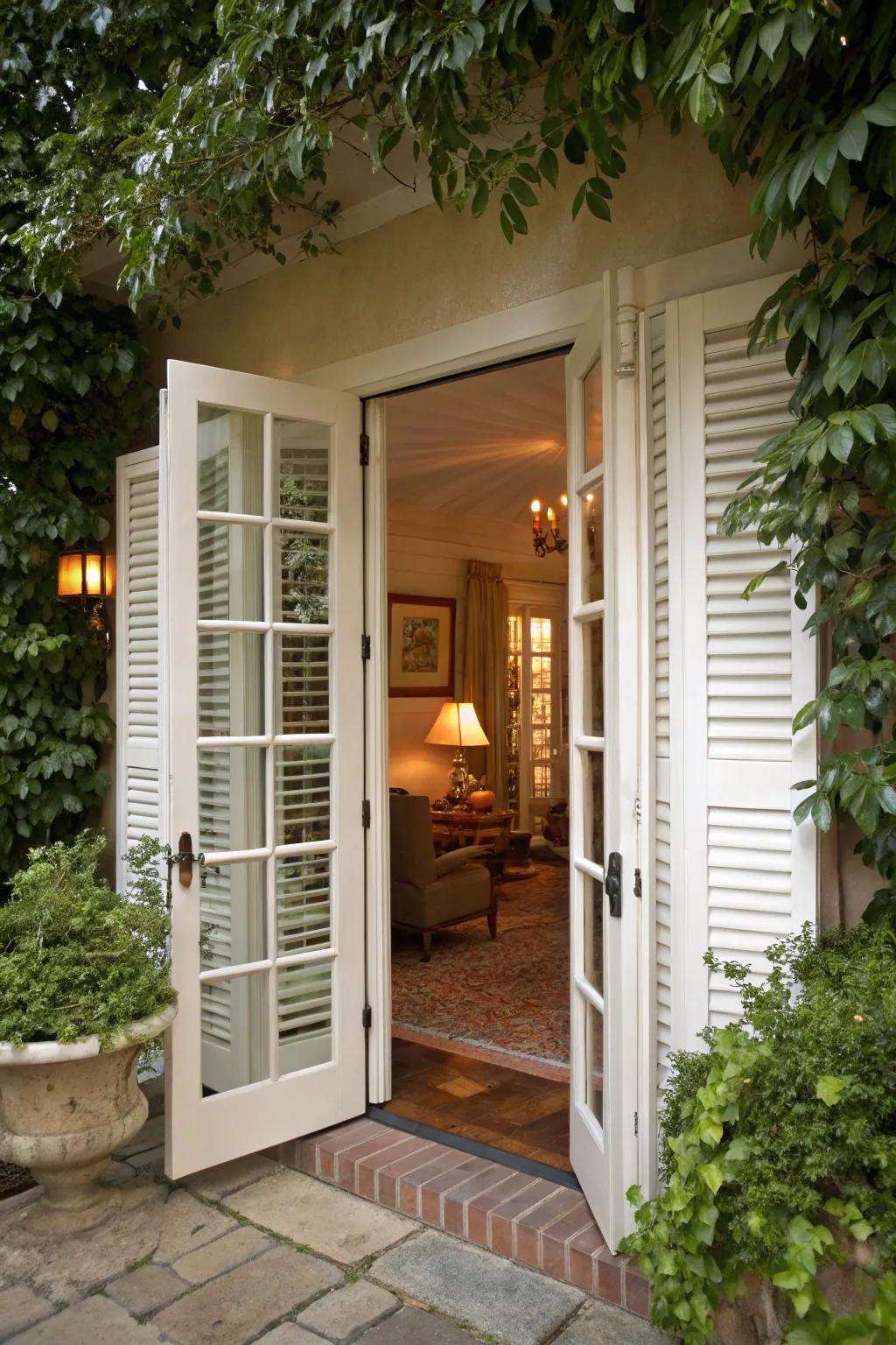 Plantation shutters offer a classic and adaptable choice for French doors.