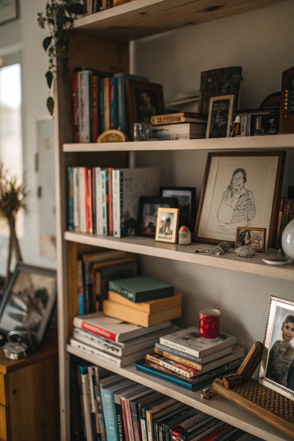 Bookshelf with personal souvenirs and keepsakes.