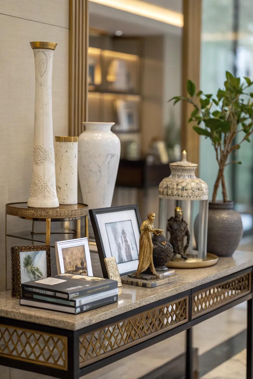 A mixture of heights cultivates visual fascination on the console table.