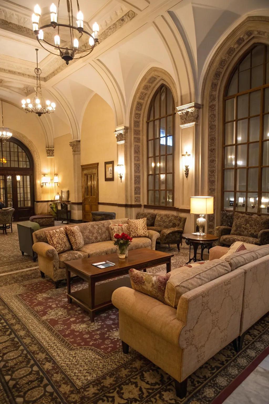 Comfortable seating selections impart a sense of warmth to large spaces.