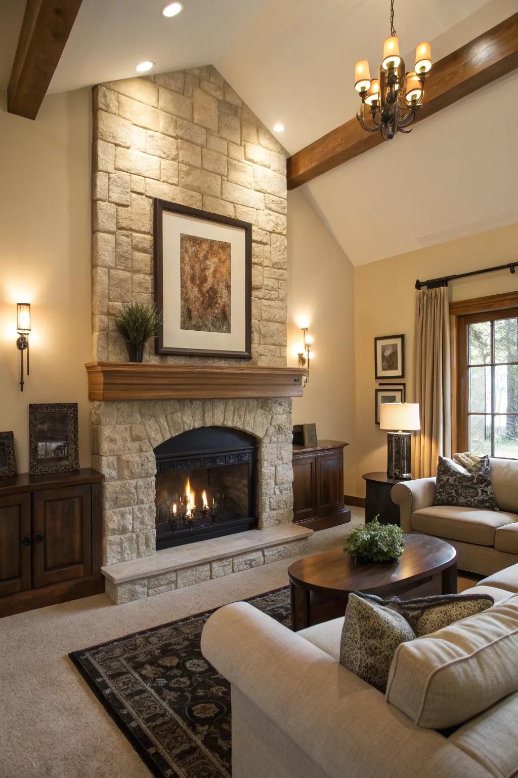 A living space featuring a traditional hearth as the dominant feature.