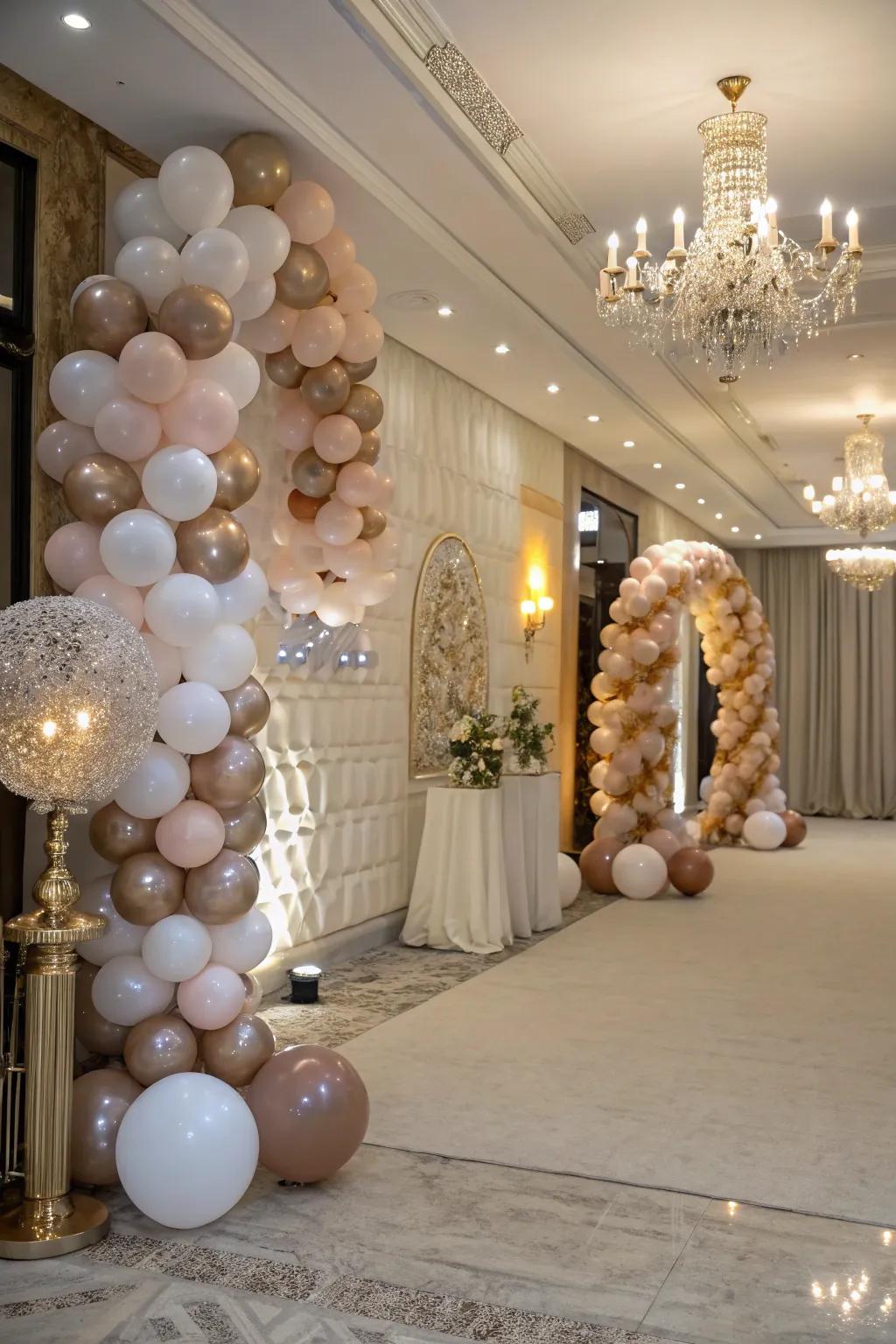 Superimposed and textured balloon decorations heighten the sophistication and dimension of the celebration's backdrop.