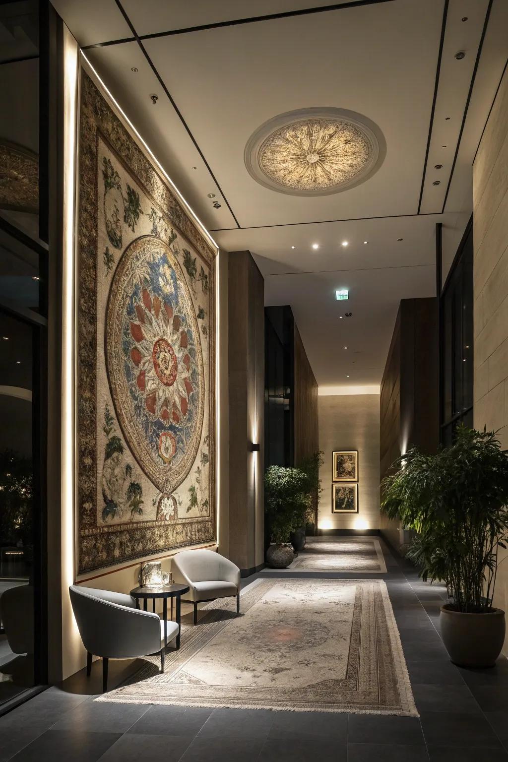 The use of a textile that runs the length of the wall makes for a strong focal point.