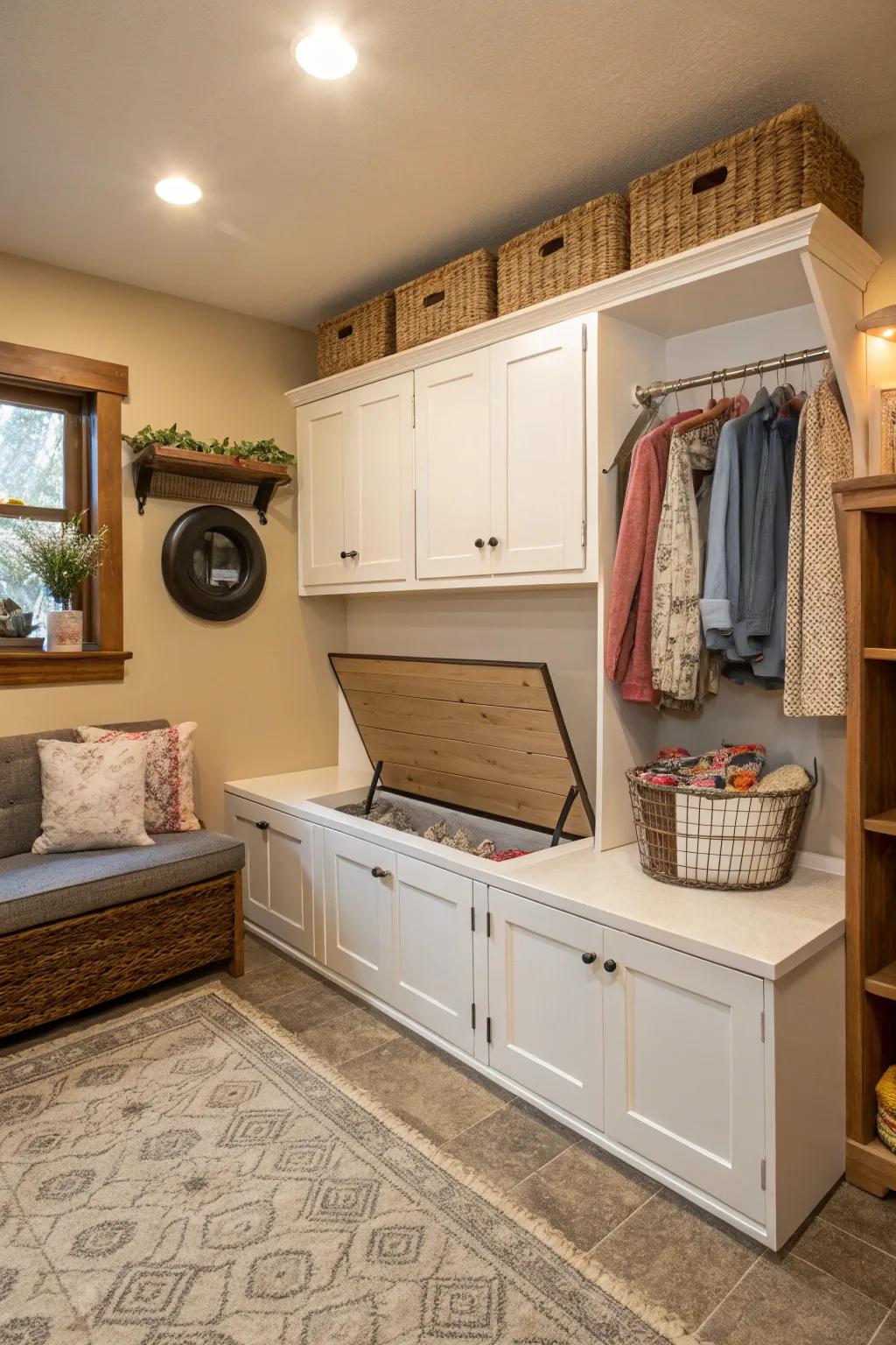 Storage benches provide both seating and concealment options.