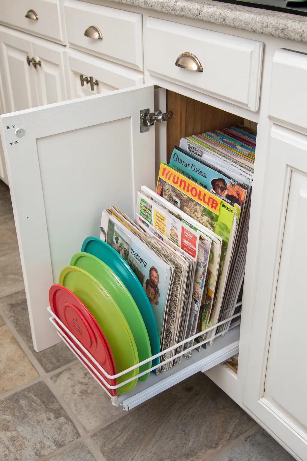 Magazine rack inside a cabinet door used for storing plastic lids.